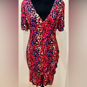 VENUS Colorful Animal Print Wrap Dress Ruffle Hem Lined Sz L NWOT